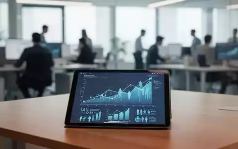 Modernes Büro mit digitalen Wirtschaftsdaten auf einem Tablet als Symbol für den deutschen Arbeitsmarkt. - Foto: über boerse-global.de