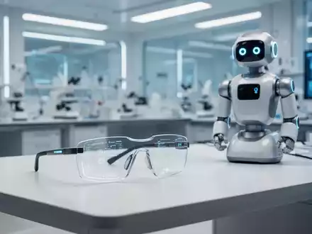 Ein modernes Smart-Glasses-Gerät und ein sozialer Roboter in einem technologischen Forschungslabor. - Foto: über boerse-global.de