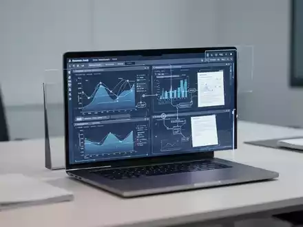 Moderner Büroarbeitsplatz mit einem Laptop, auf dem komplexe Datenvisualisierungen und digitale Dokumentenabläufe zu sehen sind. - Foto: über boerse-global.de