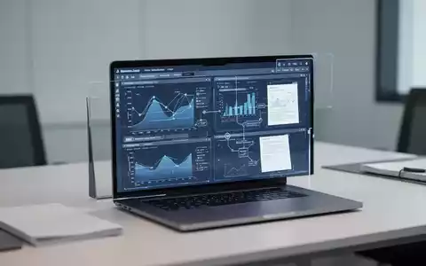 Moderner Büroarbeitsplatz mit einem Laptop, auf dem komplexe Datenvisualisierungen und digitale Dokumentenabläufe zu sehen sind. - Foto: über boerse-global.de