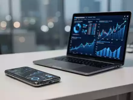Moderner Büroarbeitsplatz mit Laptop und Smartphone, die Finanzdaten-Charts und digitale Analysen anzeigen. - Foto: über boerse-global.de