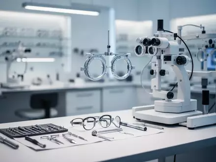 Moderne Werkstatt eines Augenoptikers mit hochpräzisen Messgeräten und professioneller Arbeitsbeleuchtung. - Foto: über boerse-global.de