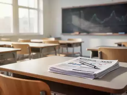 Ein heller, moderner Klassenraum mit leeren Schreibtischen und einfallendem Sonnenlicht als Symbol für den Lehrermangel. - Foto: über boerse-global.de