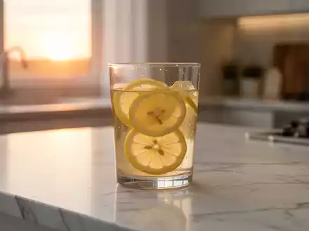 Ein Glas mit warmem Zitronenwasser auf einer Marmoroberfläche bei sanftem Morgenlicht. - Foto: über boerse-global.de