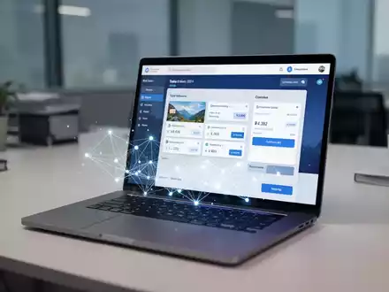 Laptop mit modernem Reisebuchungs-Interface und leuchtenden digitalen Knotenpunkten, die KI-Integration im Arbeitsbereich darstellen. - Foto: über boerse-global.de