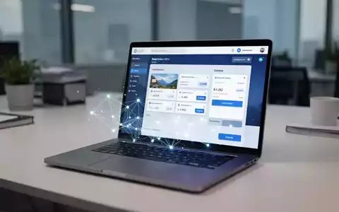 Laptop mit modernem Reisebuchungs-Interface und leuchtenden digitalen Knotenpunkten, die KI-Integration im Arbeitsbereich darstellen. - Foto: über boerse-global.de