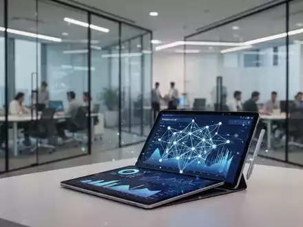 Moderne Büroumgebung mit Tablet, das Datenvisualisierungsdiagramme zur KI-Integration in Unternehmen zeigt. - Foto: über boerse-global.de
