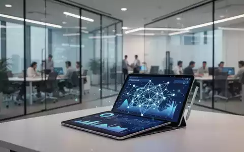 Moderne Büroumgebung mit Tablet, das Datenvisualisierungsdiagramme zur KI-Integration in Unternehmen zeigt. - Foto: über boerse-global.de