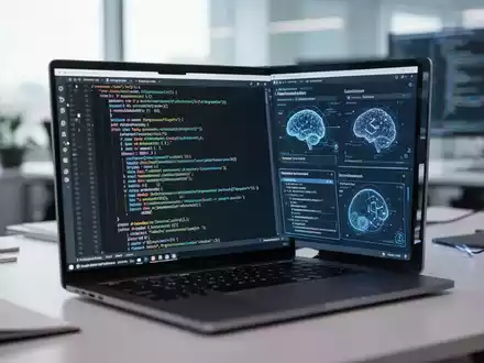 Ein moderner Arbeitsplatz eines Softwareentwicklers mit einem Laptop, auf dem KI-gestützte Programmierung zu sehen ist. - Foto: über boerse-global.de