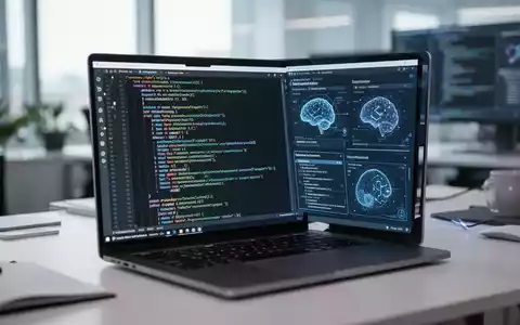 Ein moderner Arbeitsplatz eines Softwareentwicklers mit einem Laptop, auf dem KI-gestützte Programmierung zu sehen ist. - Foto: über boerse-global.de