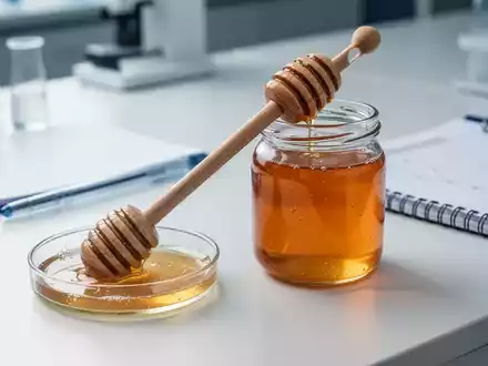 Ein hölzerner Honiglöffel in einem Glas mit rohem Honig auf einem Labortisch, daneben wissenschaftliche Utensilien. - Foto: über boerse-global.de