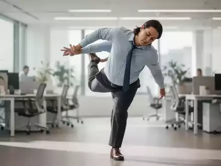 Person in Business-Kleidung bei einer kontrollierten Dehnübung zur Mobilitätsförderung in einem modernen Büro. - Foto: über boerse-global.de