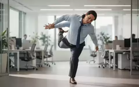 Person in Business-Kleidung bei einer kontrollierten Dehnübung zur Mobilitätsförderung in einem modernen Büro. - Foto: über boerse-global.de