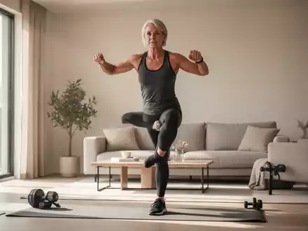 Eine Person mittleren Alters führt in einem hellen, modernen Wohnzimmer eine funktionale Fitnessübung im Stehen aus. - Foto: über boerse-global.de