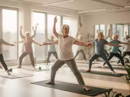 Eine Gruppe aktiver Senioren bei einer entspannten Yoga-Übung in einem hellen, modernen Kursraum. - Foto: über boerse-global.de