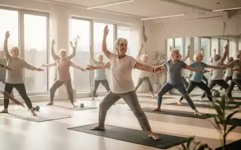 Eine Gruppe aktiver Senioren bei einer entspannten Yoga-Übung in einem hellen, modernen Kursraum. - Foto: über boerse-global.de