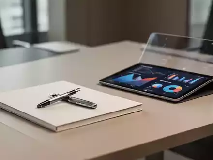Ein minimalistischer, aufgerĂ€umter Schreibtisch mit Notizbuch und Tablet, das Datenvisualisierungen anzeigt. - Foto: ĂŒber boerse-global.de