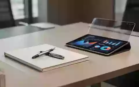 Ein minimalistischer, aufgeräumter Schreibtisch mit Notizbuch und Tablet, das Datenvisualisierungen anzeigt. - Foto: über boerse-global.de