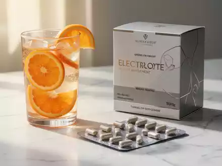 Hochwertige Nahrungsergänzungsmittel, Vitaminkapseln und ein Glas Elektrolytgetränk auf einem hellen Marmortisch. - Foto: über boerse-global.de