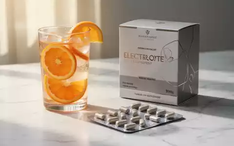 Hochwertige Nahrungsergänzungsmittel, Vitaminkapseln und ein Glas Elektrolytgetränk auf einem hellen Marmortisch. - Foto: über boerse-global.de