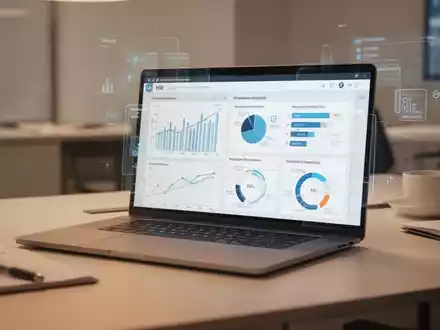 Moderner BĂŒroarbeitsplatz mit Laptop, der digitale HR-Analysen und Prozessdiagramme zur Personalverwaltung anzeigt. - Foto: ĂŒber boerse-global.de