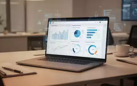 Moderner Büroarbeitsplatz mit Laptop, der digitale HR-Analysen und Prozessdiagramme zur Personalverwaltung anzeigt. - Foto: über boerse-global.de