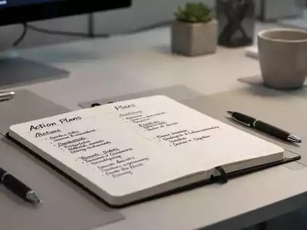 Ein aufgeräumter Schreibtisch mit einem Notizbuch, das strukturierte Handlungspläne zeigt, in einer ruhigen Arbeitsumgebung. - Foto: über boerse-global.de