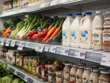 Frische Grundnahrungsmittel in einem Supermarktregal mit Fokus auf die Preisgestaltung. - Foto: über boerse-global.de
