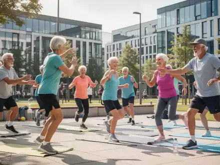 Senioren nehmen gemeinsam an einem Outdoor-Fitnesskurs in einem Park teil. - Foto: über boerse-global.de