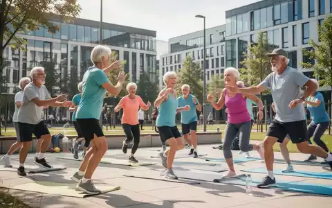 Senioren nehmen gemeinsam an einem Outdoor-Fitnesskurs in einem Park teil. - Foto: über boerse-global.de