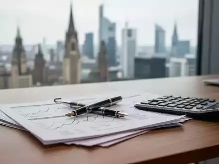 Ein moderner Schreibtisch mit Taschenrechner und Finanzdokumenten vor einer verschwommenen Skyline als Symbol für die Rentenpolitik. - Foto: über boerse-global.de