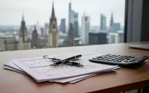 Ein moderner Schreibtisch mit Taschenrechner und Finanzdokumenten vor einer verschwommenen Skyline als Symbol für die Rentenpolitik. - Foto: über boerse-global.de