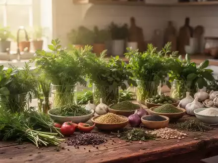 Frische Kräuter und pflanzliche Lebensmittel auf einem Holztisch als Symbol für regionale Ernährungsbildung. - Foto: über boerse-global.de
