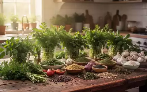 Frische Kräuter und pflanzliche Lebensmittel auf einem Holztisch als Symbol für regionale Ernährungsbildung. - Foto: über boerse-global.de