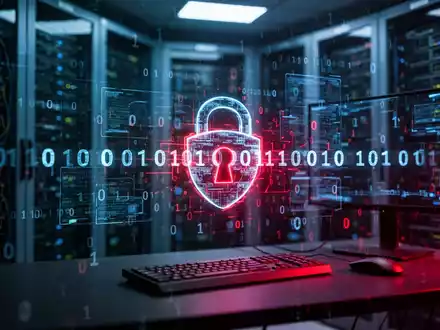 Abstrakte Darstellung eines digitalen Sicherheitsverstoßes mit leuchtenden Code-Overlays in einer Serverraum-Umgebung. - Foto: über boerse-global.de