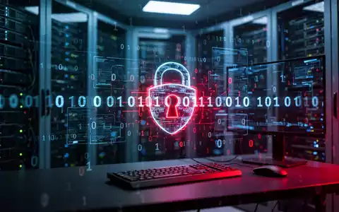 Abstrakte Darstellung eines digitalen Sicherheitsverstoßes mit leuchtenden Code-Overlays in einer Serverraum-Umgebung. - Foto: über boerse-global.de