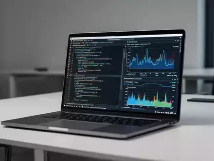 Moderner Arbeitsplatz mit Laptop-Bildschirm, der Softwareentwicklungscode und Systemleistungsdiagramme zeigt. - Foto: über boerse-global.de