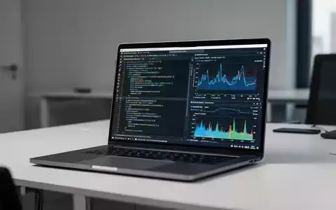 Moderner Arbeitsplatz mit Laptop-Bildschirm, der Softwareentwicklungscode und Systemleistungsdiagramme zeigt. - Foto: über boerse-global.de