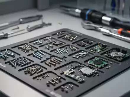 Sortierte Schrauben und Kleinteile auf einer magnetischen Arbeitsmatte während einer professionellen Gerätereparatur. - Foto: über boerse-global.de
