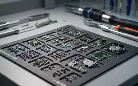 Sortierte Schrauben und Kleinteile auf einer magnetischen Arbeitsmatte während einer professionellen Gerätereparatur. - Foto: über boerse-global.de