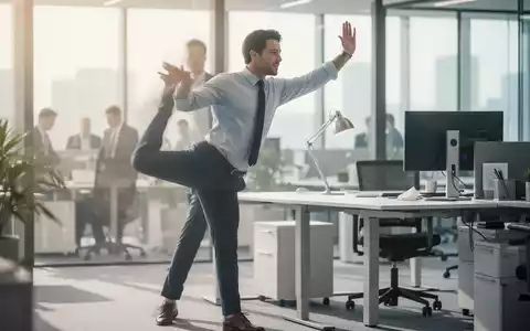 Eine Person in Business-Kleidung macht eine kurze Dehnübung am Schreibtisch in einem modernen Büro. - Foto: über boerse-global.de