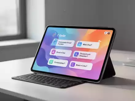 Ein Tablet auf einem Schreibtisch zeigt eine Quiz-App zur kognitiven Aktivierung in einer modernen Arbeitsumgebung. - Foto: über boerse-global.de