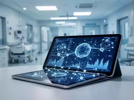 Modernes Krankenhaus mit Tablet, das medizinische Datenvisualisierungen und digitale Gesundheitsvernetzung zeigt. - Foto: über boerse-global.de