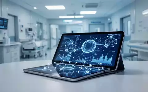 Modernes Krankenhaus mit Tablet, das medizinische Datenvisualisierungen und digitale Gesundheitsvernetzung zeigt. - Foto: über boerse-global.de