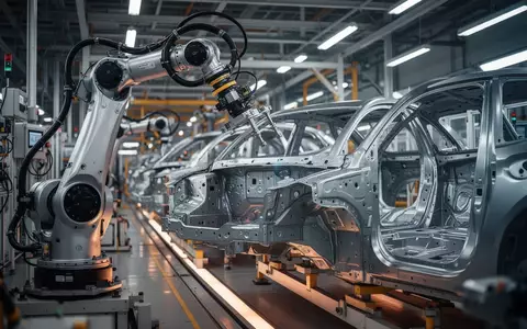 Modernes, automatisiertes Montageband in einer deutschen Automobilfabrik mit Fokus auf Industrierobotik. - Foto: über boerse-global.de