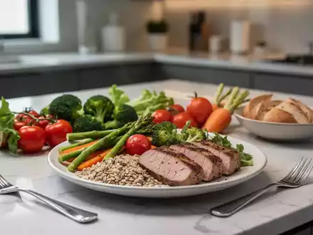 Gesunde, ausgewogene Mahlzeit mit frischem Gemüse und Vollkornprodukten auf einem modernen Küchentisch. - Foto: über boerse-global.de