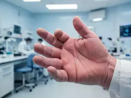 Nahaufnahme einer Hand, die Anzeichen von Arthrose zeigt, vor einem unscharfen, klinischen Hintergrund. - Foto: über boerse-global.de