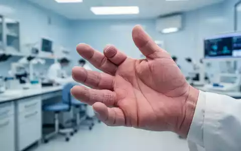 Nahaufnahme einer Hand, die Anzeichen von Arthrose zeigt, vor einem unscharfen, klinischen Hintergrund. - Foto: über boerse-global.de