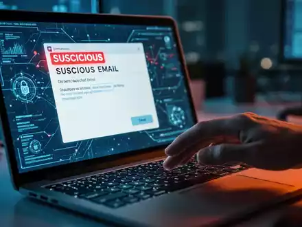 Nahaufnahme eines Laptops mit einer verdächtigen E-Mail, die eine Phishing-Simulation im Bürokontext darstellt. - Foto: über boerse-global.de