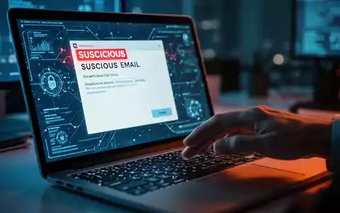 Nahaufnahme eines Laptops mit einer verdächtigen E-Mail, die eine Phishing-Simulation im Bürokontext darstellt. - Foto: über boerse-global.de